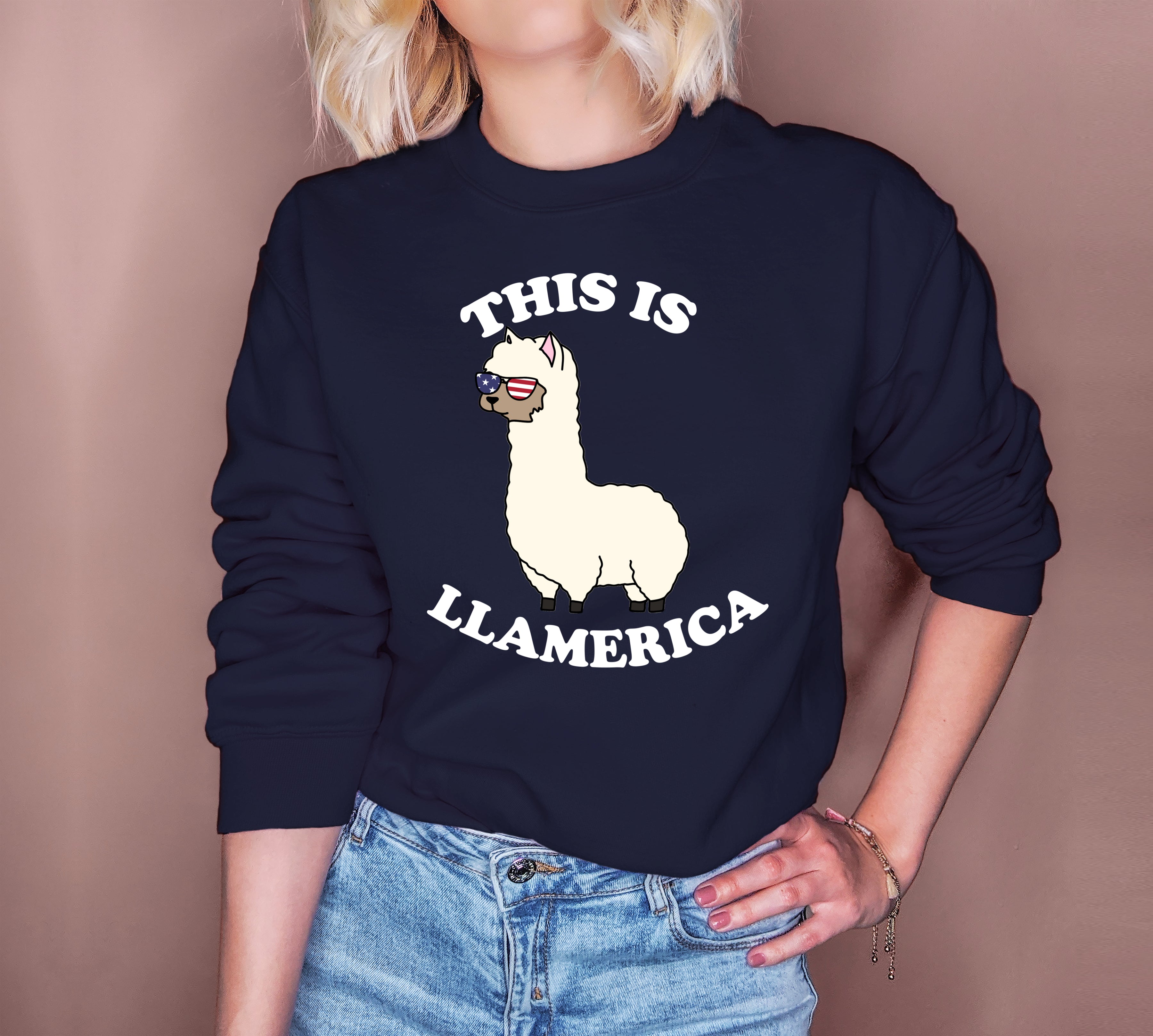 Navy sweatshirt with a llama wearing america sunglasses that says this is llamerica - HighCiti