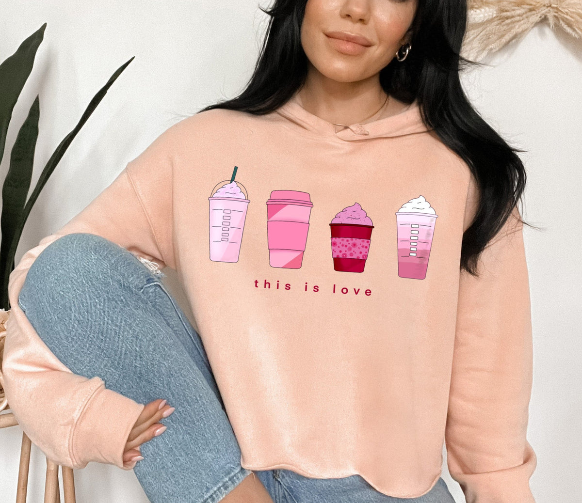 peach crop hoodie with cup of coffee that says this is love - HighCiti