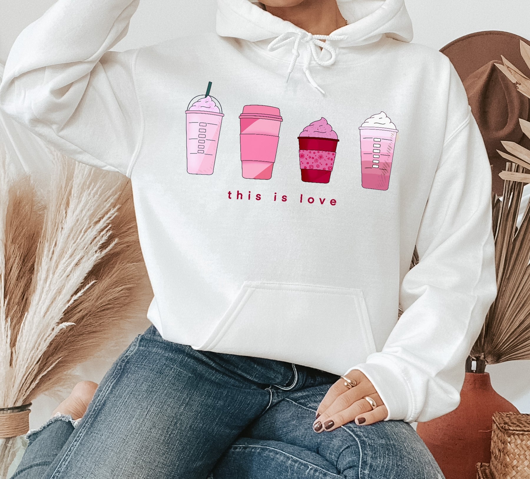 white hoodie with cup of coffee that says this is love - HighCiti
