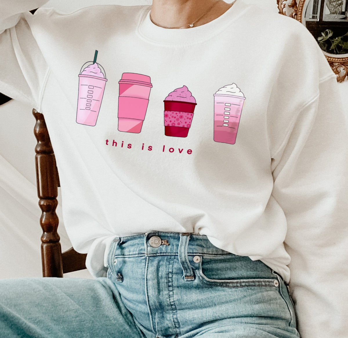 white sweatshirt with cup of coffee that says this is love - HighCiti