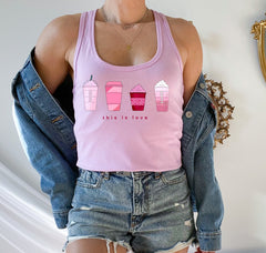 lilac tank top with cup of coffee that says this is love - HighCiti