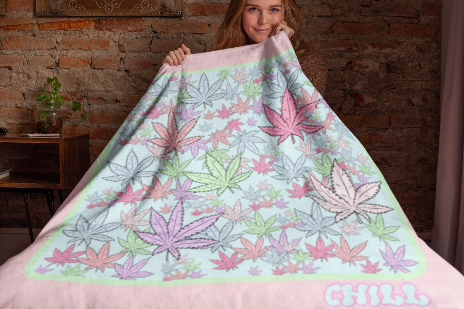 Pink throw blanket with weed leaves - HighCiti