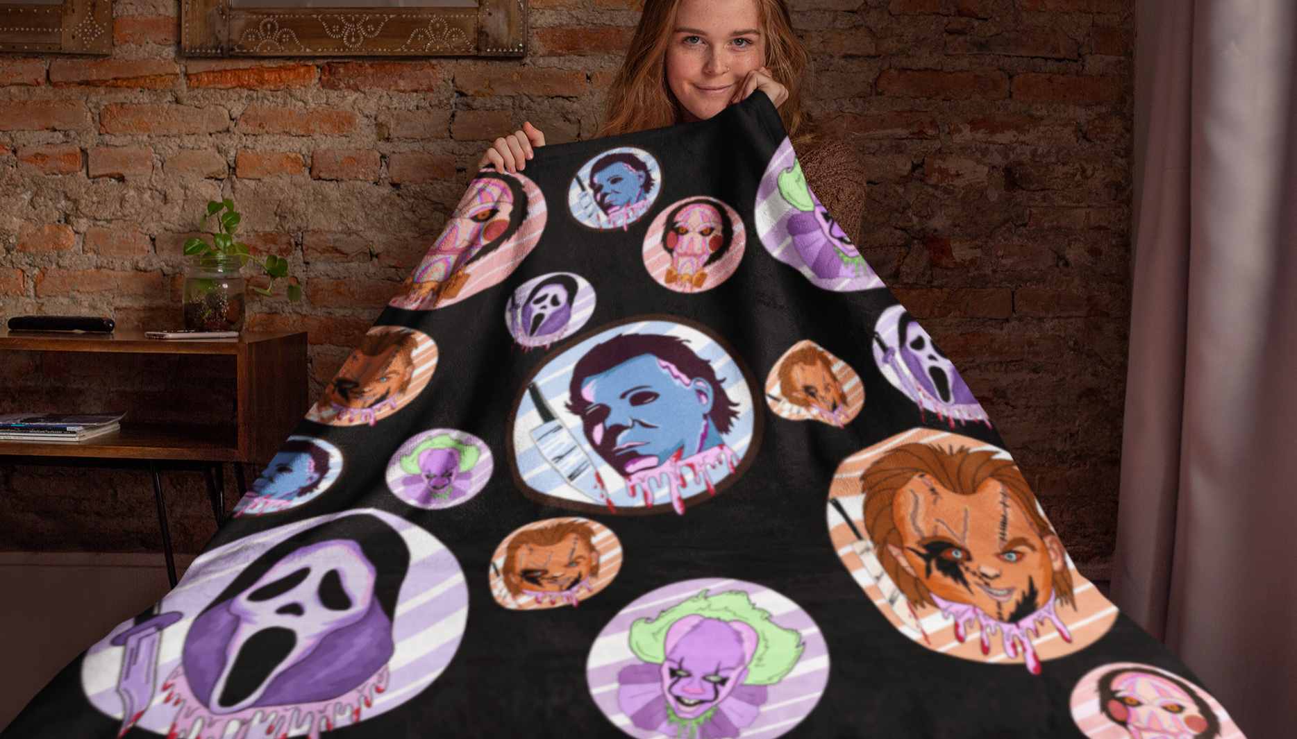 Black blanket with halloween characters movie, scream, chucky, i.t, scream, michael myers, saw - HighCiti