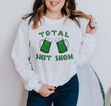 White sweatshirt with a green beer that says total shit show - HighCiti