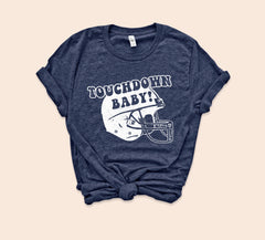 Heather navy shirt with football helmet that says touchdown baby - HighCiti