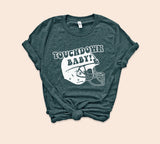 Heather forest shirt with football helmet that says touchdown baby - HighCiti