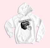 White hoodie with football helmet that says touchdown baby - HighCiti