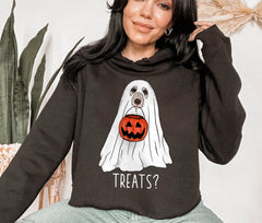 black crop hoodie with a dog as a ghost holding a pumpkin jar that says treats? - HighCiti