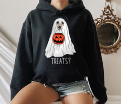 black hoodie with a dog as a ghost holding a pumpkin jar that says treats? - HighCiti