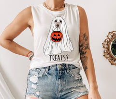 white muscle tank with a dog as a ghost holding a pumpkin jar that says treats? - HighCiti