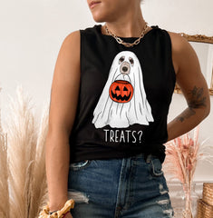 black muscle tank with a dog as a ghost holding a pumpkin jar that says treats? - HighCiti