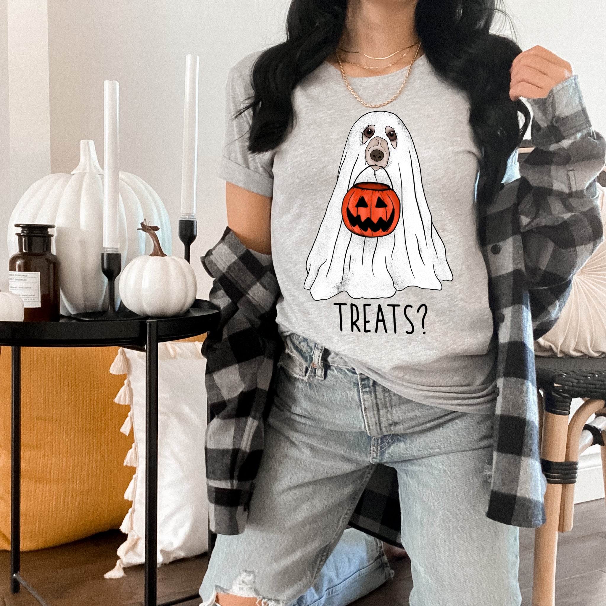 grey shirt with a dog as a ghost holding a pumpkin jar that says treats? - HighCiti