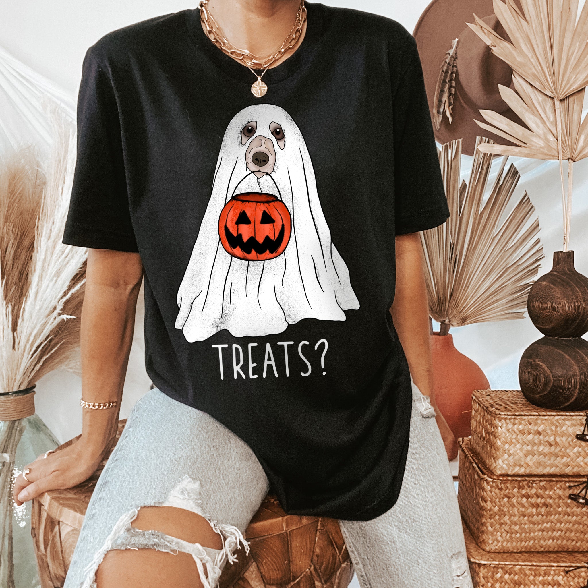 Black shirt with a dog as a ghost holding a pumpkin jar that says treats? - HighCiti
