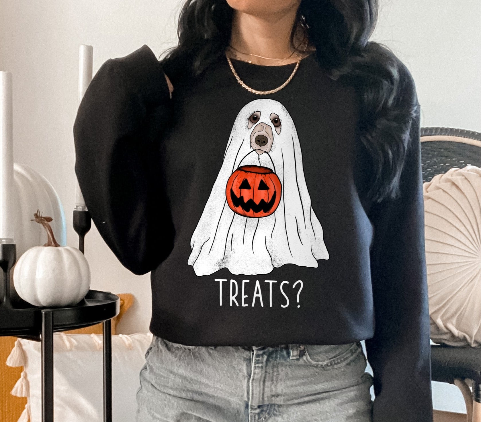 Black sweatshirt with a dog as a ghost holding a pumpkin jar that says treats? - HighCiti