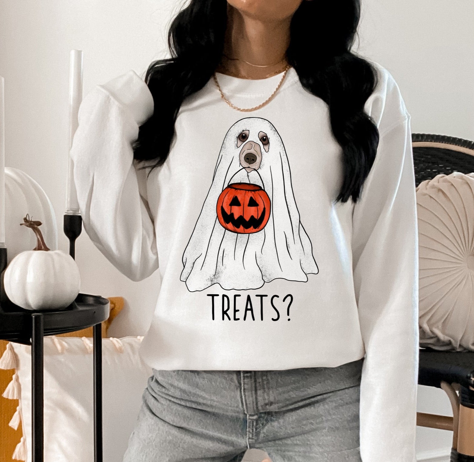 White sweatshirt with a dog as a ghost holding a pumpkin jar that says treats? - HighCiti