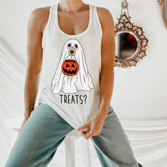 white tank with a dog as a ghost holding a pumpkin jar that says treats? - HighCiti