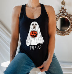 black tank with a dog as a ghost holding a pumpkin jar that says treats? - HighCiti