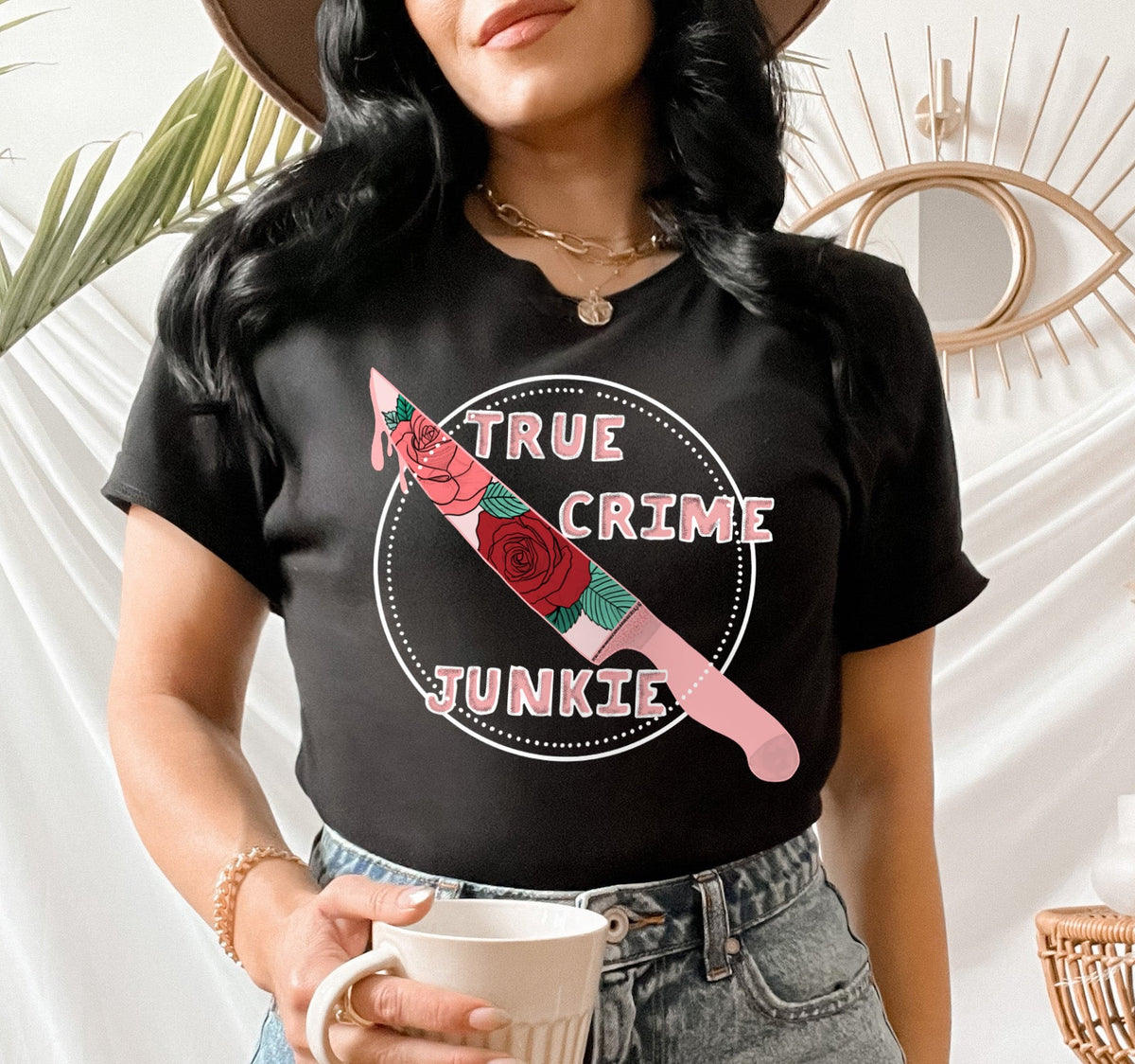 black shirt with a knife that says true crime junkie - HighCiti