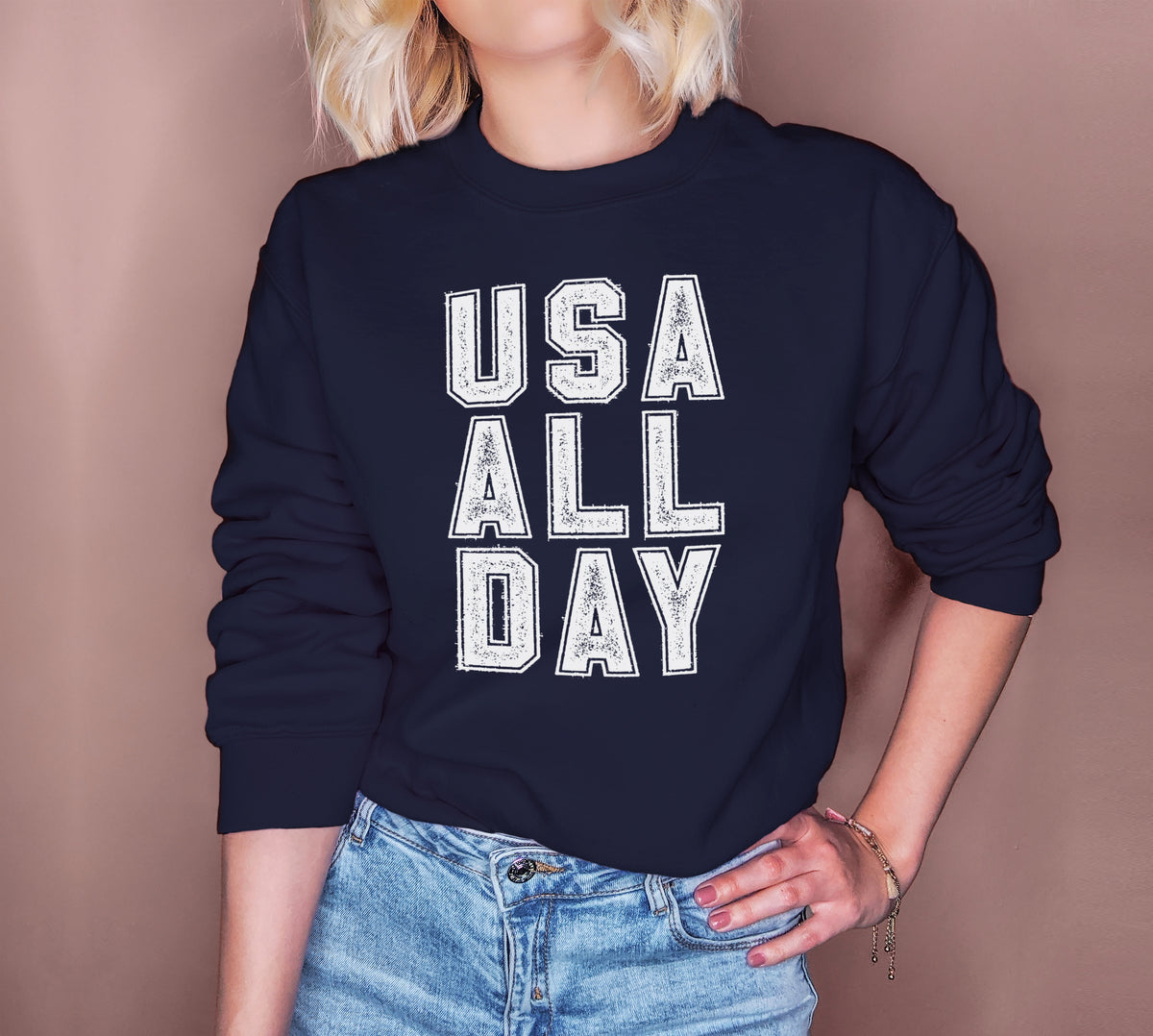 Navy sweatshirt that says usa all day - HighCiti