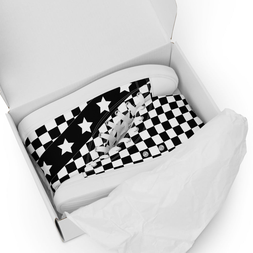 Checkered black and white women's high top shoes