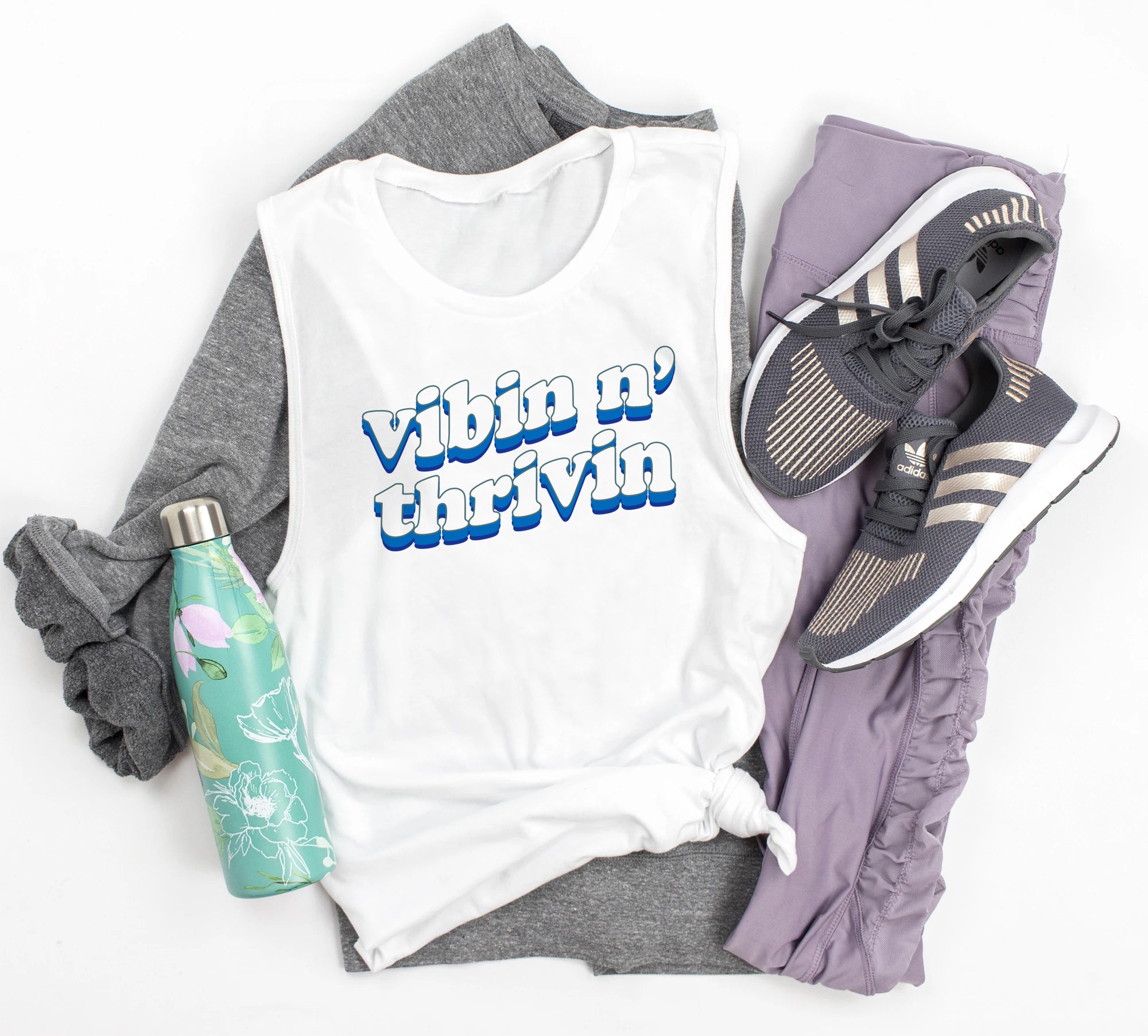 White muscle tank that says vibin and thrivin - HighCiti