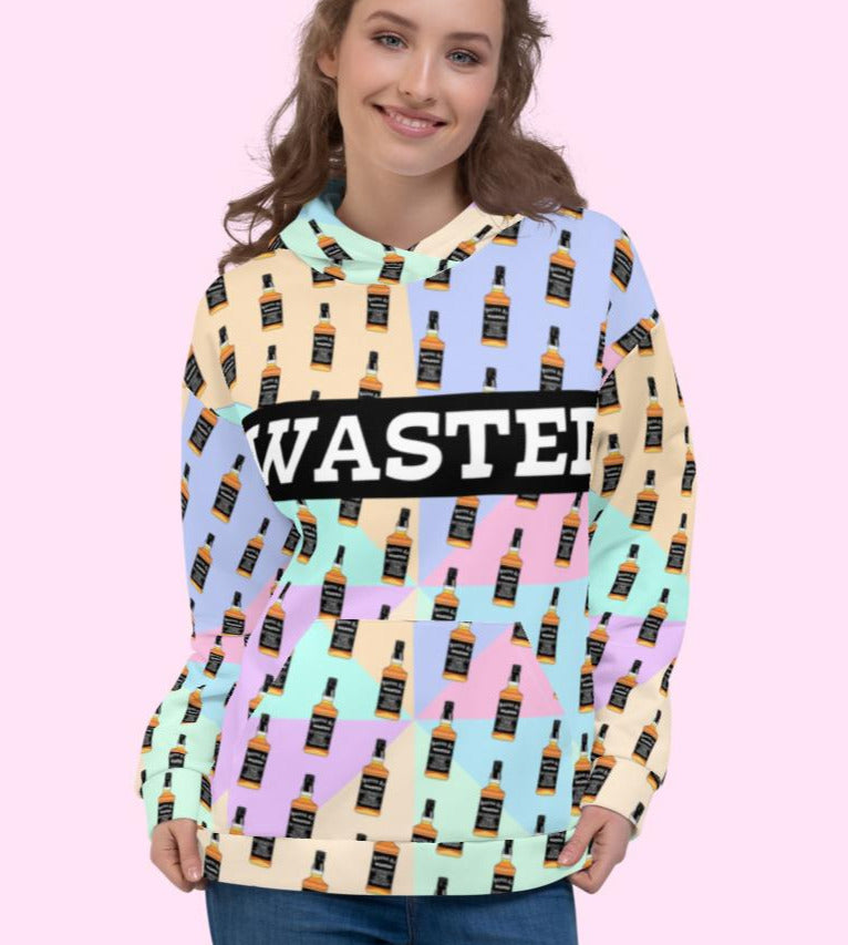 Pastel hoodie with a whiskey bottle saying wasted - HighCiti