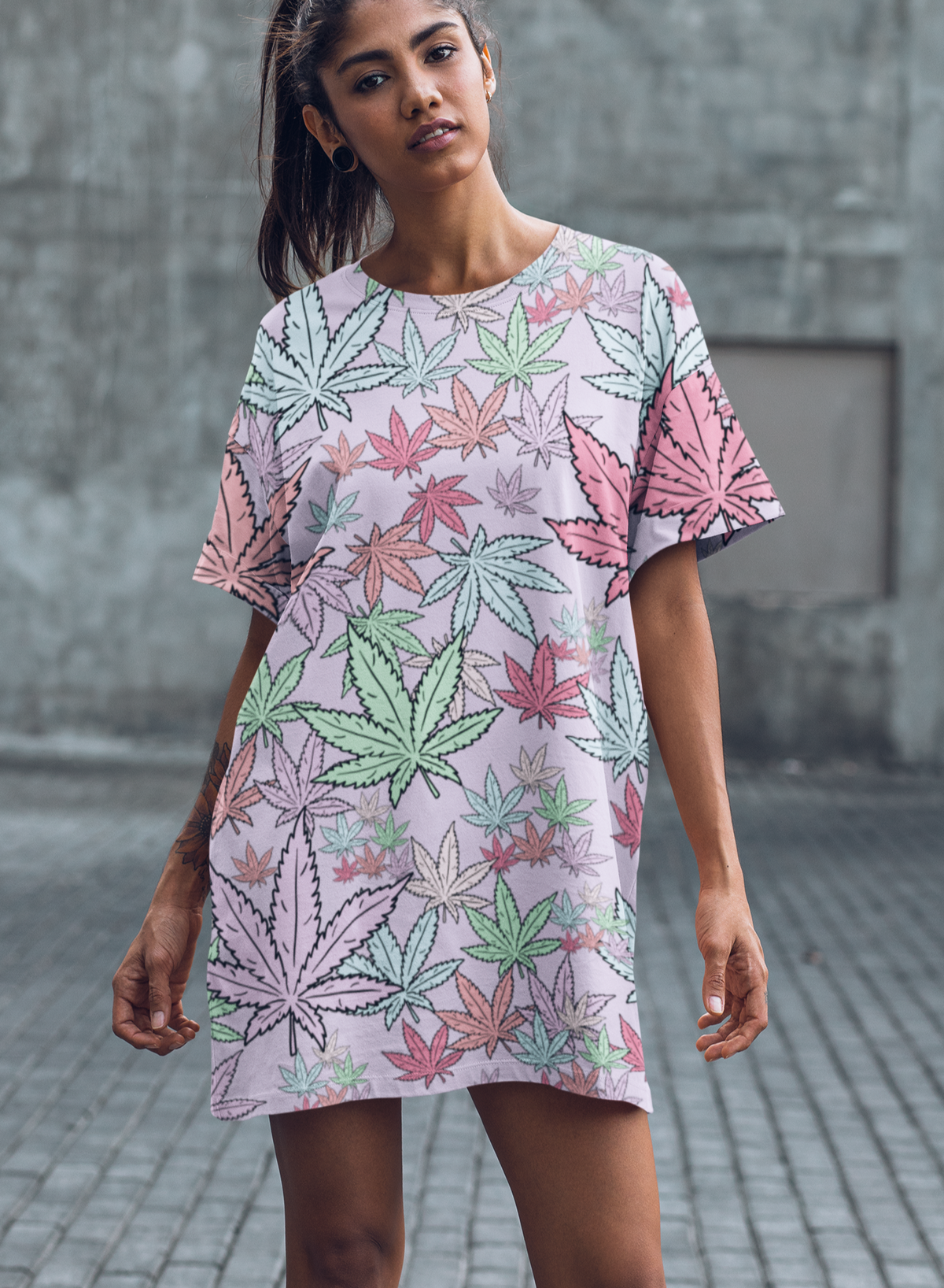 weed leaf pastel tshirt dress - HighCiti