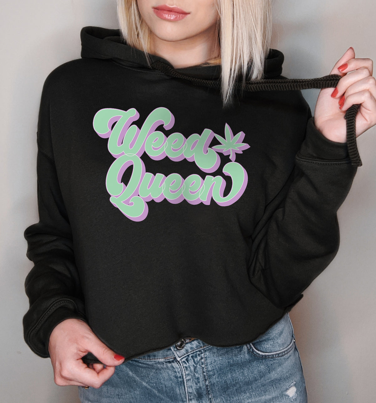 Black crop hoodie with a cannabis leaf that says weed queen - HighCiti