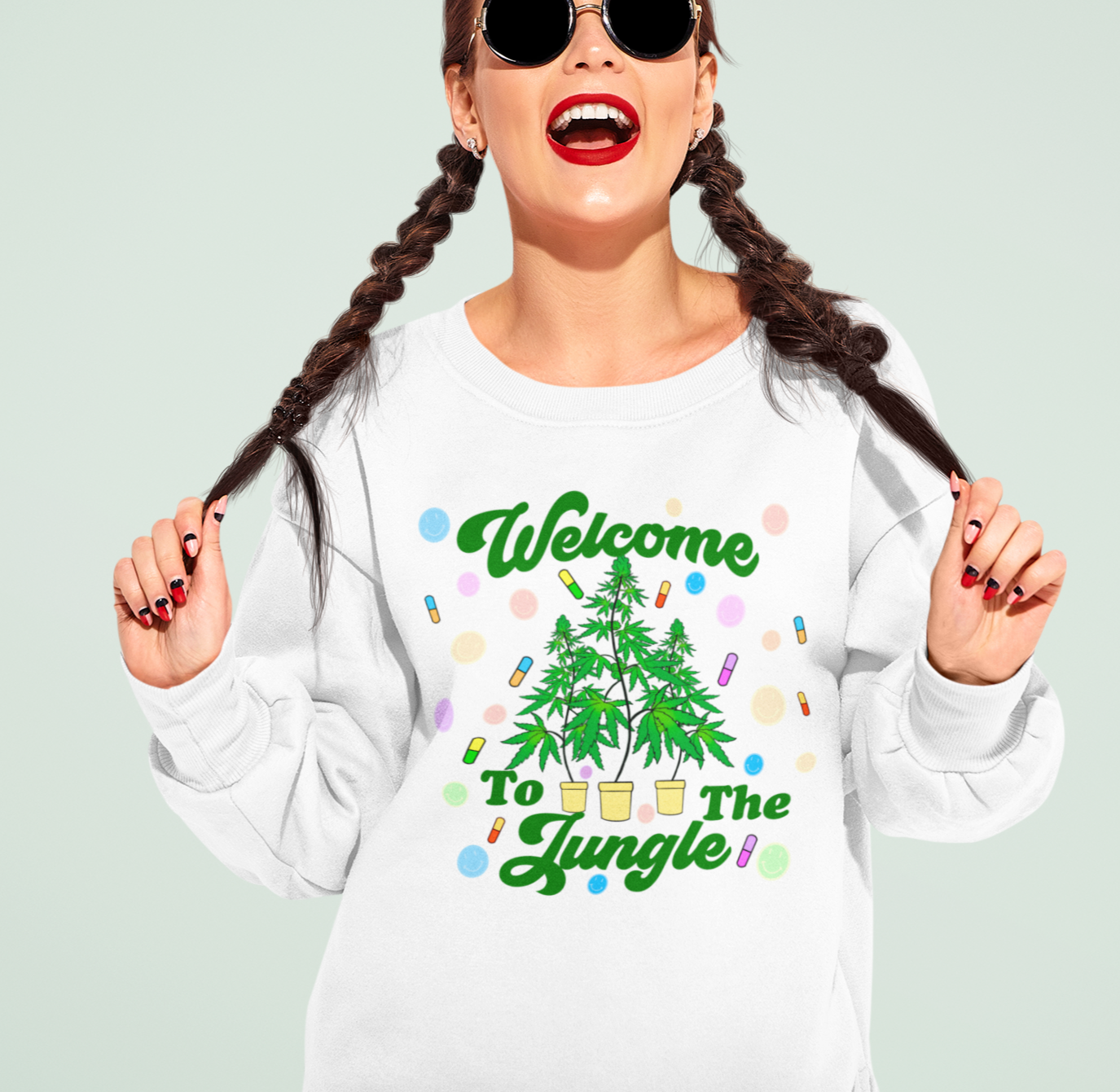 White sweater with cannabis plants saying welcome to the jungle - HighCiti
