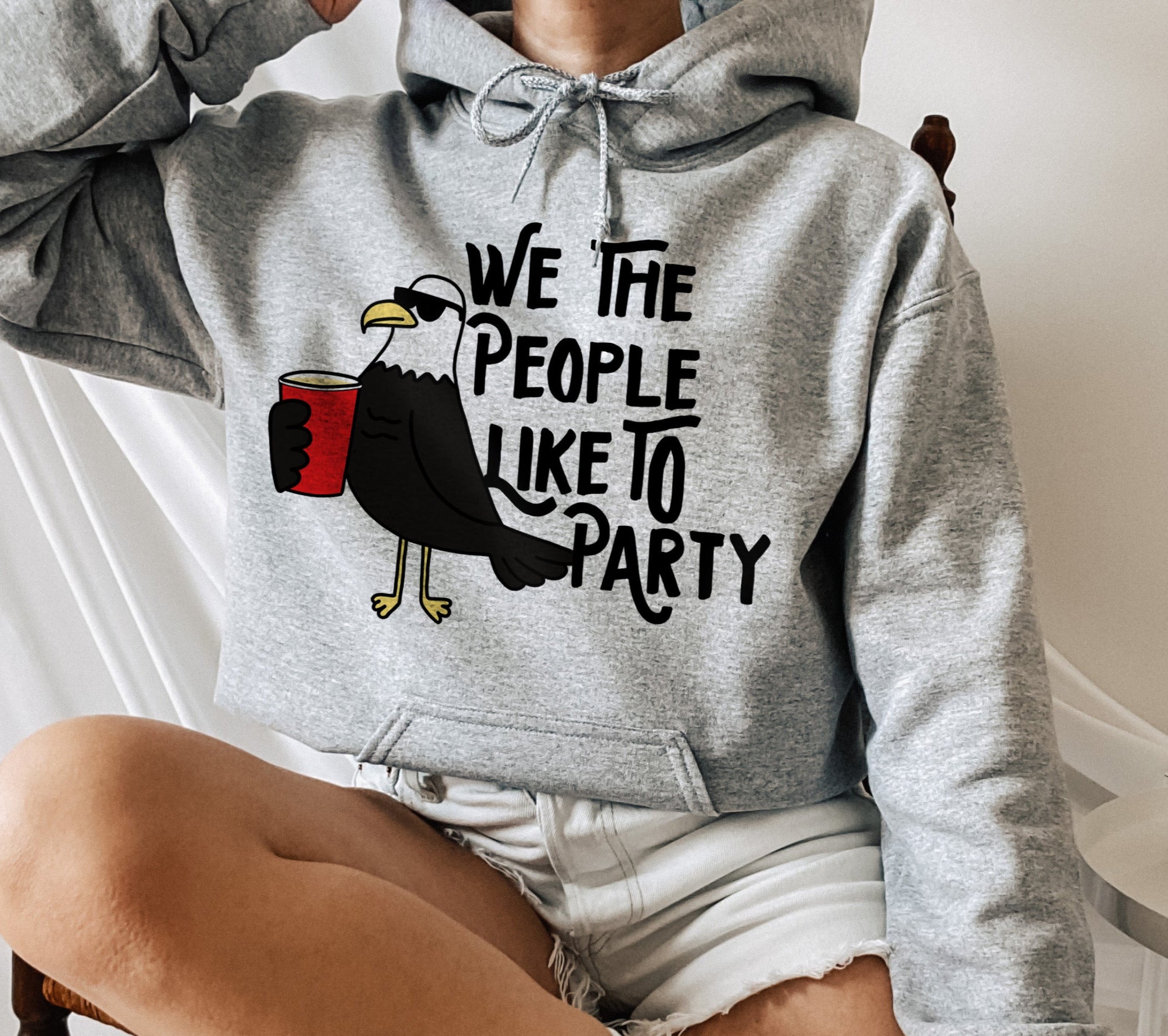 grey hoodie with a bird that says we the people like to party - HighCiti