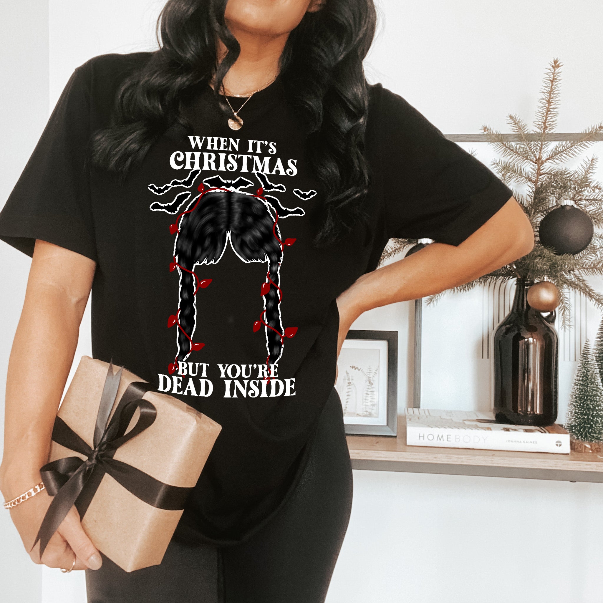 black shirt with wednesday addams that says when it's christmas but your dead inside - HighCiti