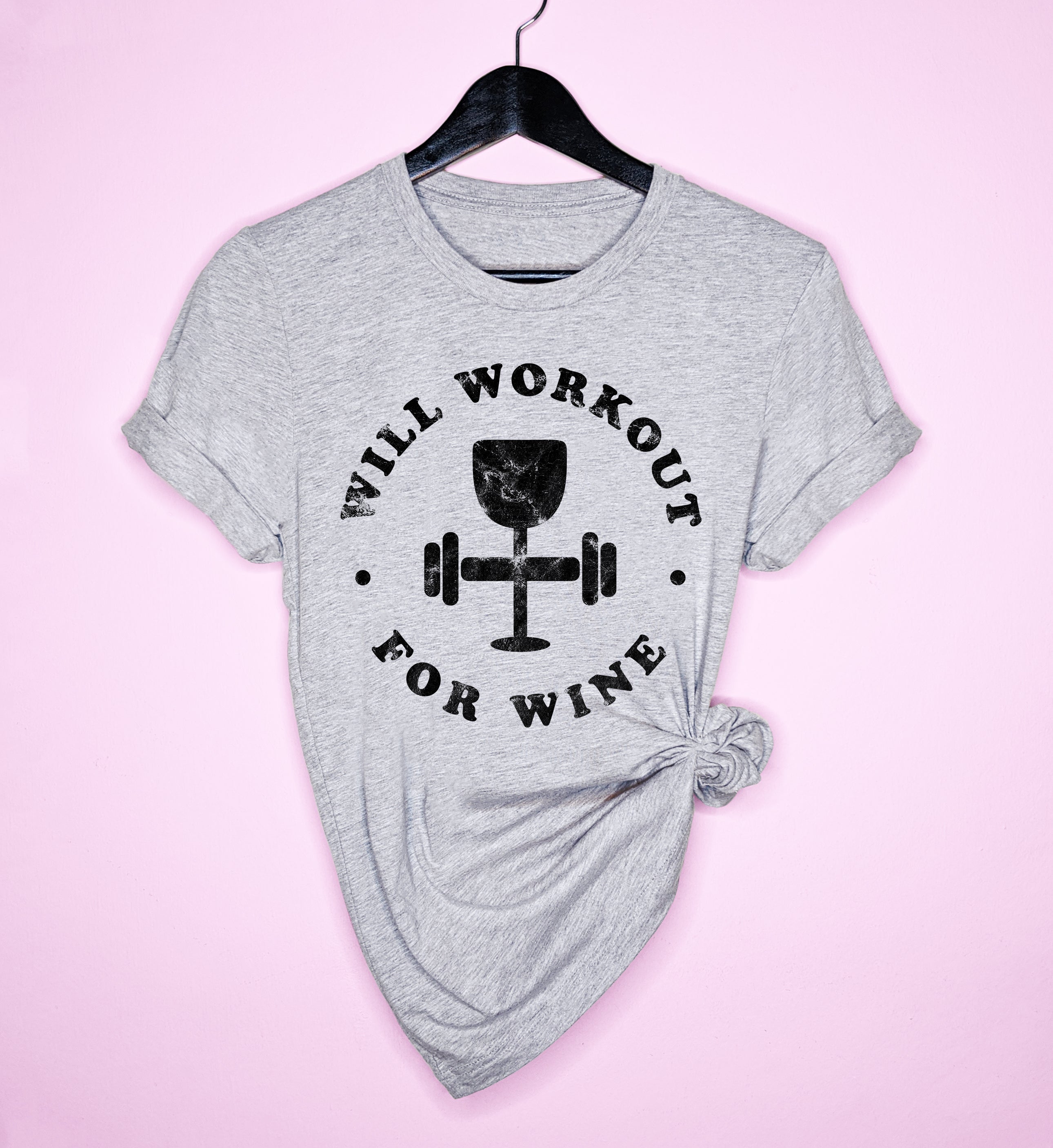 Grey shirt saying will workout for wine - HighCiti