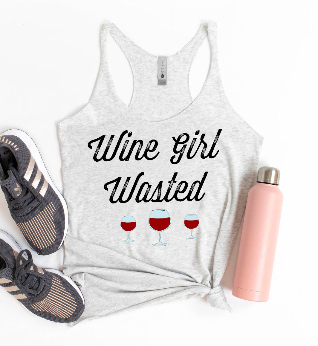 White tank top with wine glasses that says wine girl wasted - HighCiti