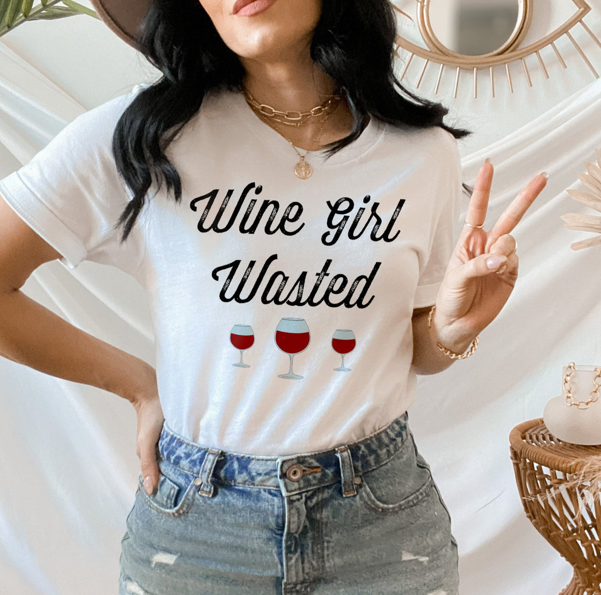 white shirt with wine glasses that says wine girl wasted - HighCiti