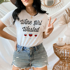 Peach shirt with wine glasses that says wine girl wasted - HighCiti