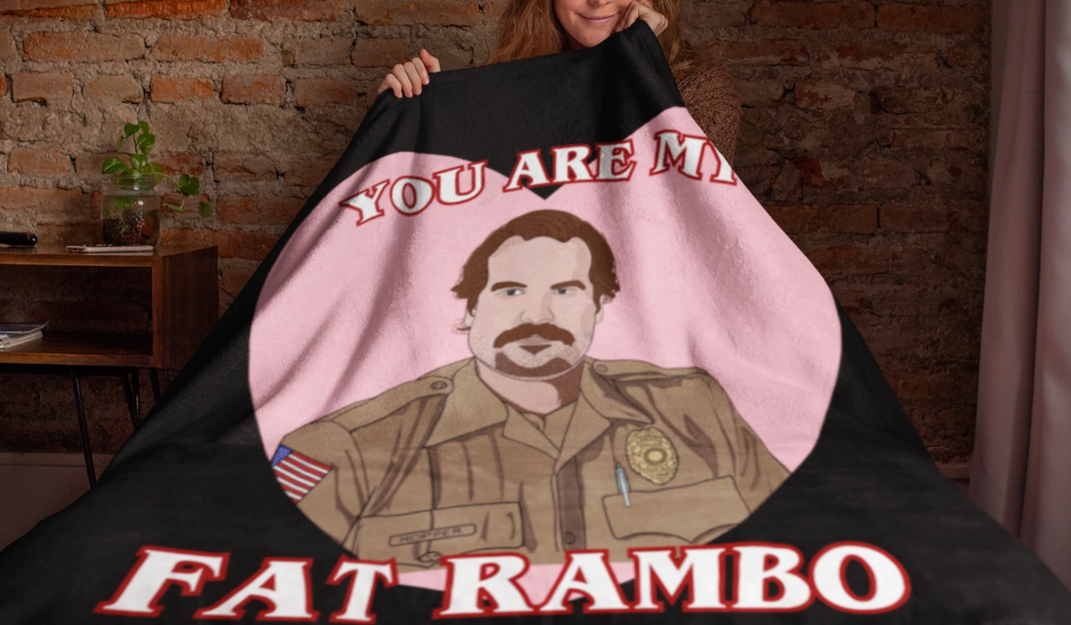 Black throw blanket with jim hopper strange things with a heart saying you are my fat rambo - HighCiti