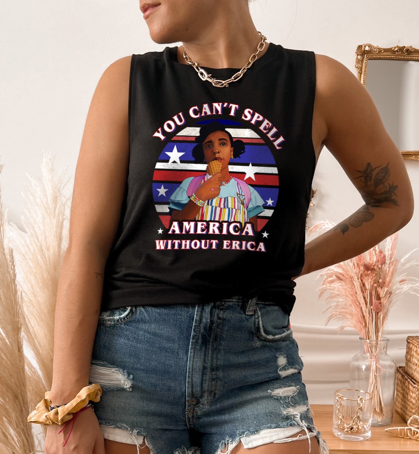 black muscle tank with erica sinclair that says you can't spell america without erica - HighCiti