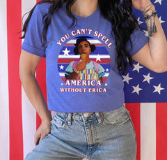 royal blue shirt with erica sinclair from stranger things that says you can't spell america without erica - HighCiti