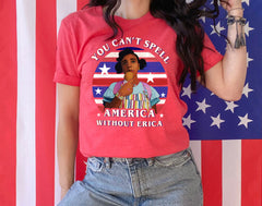 red shirt with erica sinclair from stranger things that says you can't spell america without erica - HighCiti