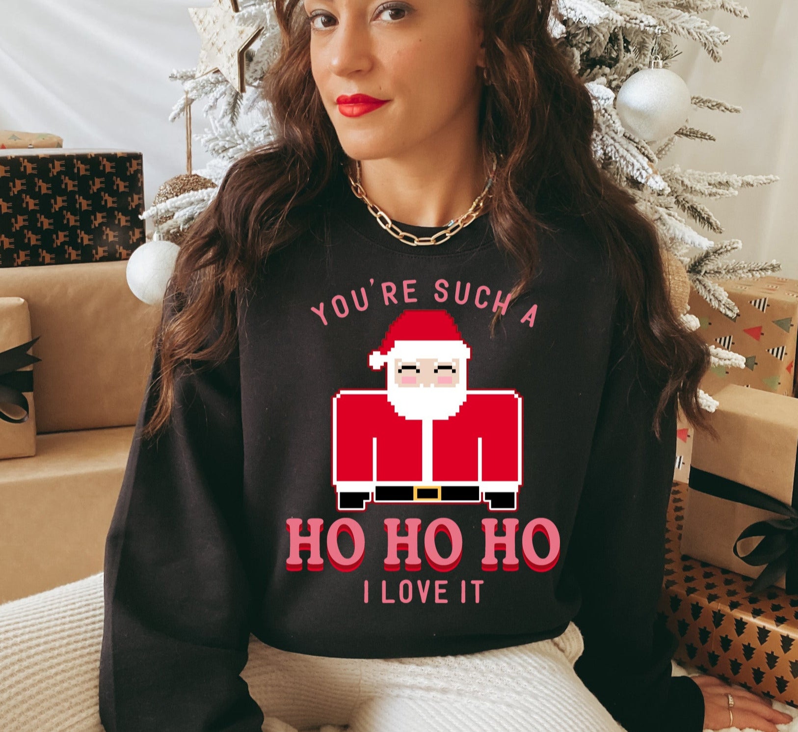 black sweater with santa that says rou're such a ho ho ho I love it - HighCiti